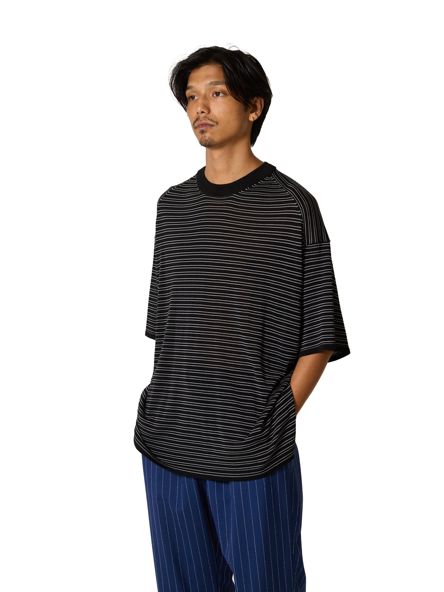 RESEARCHED SWEATER SS /RAYON MIX YARN BORDER