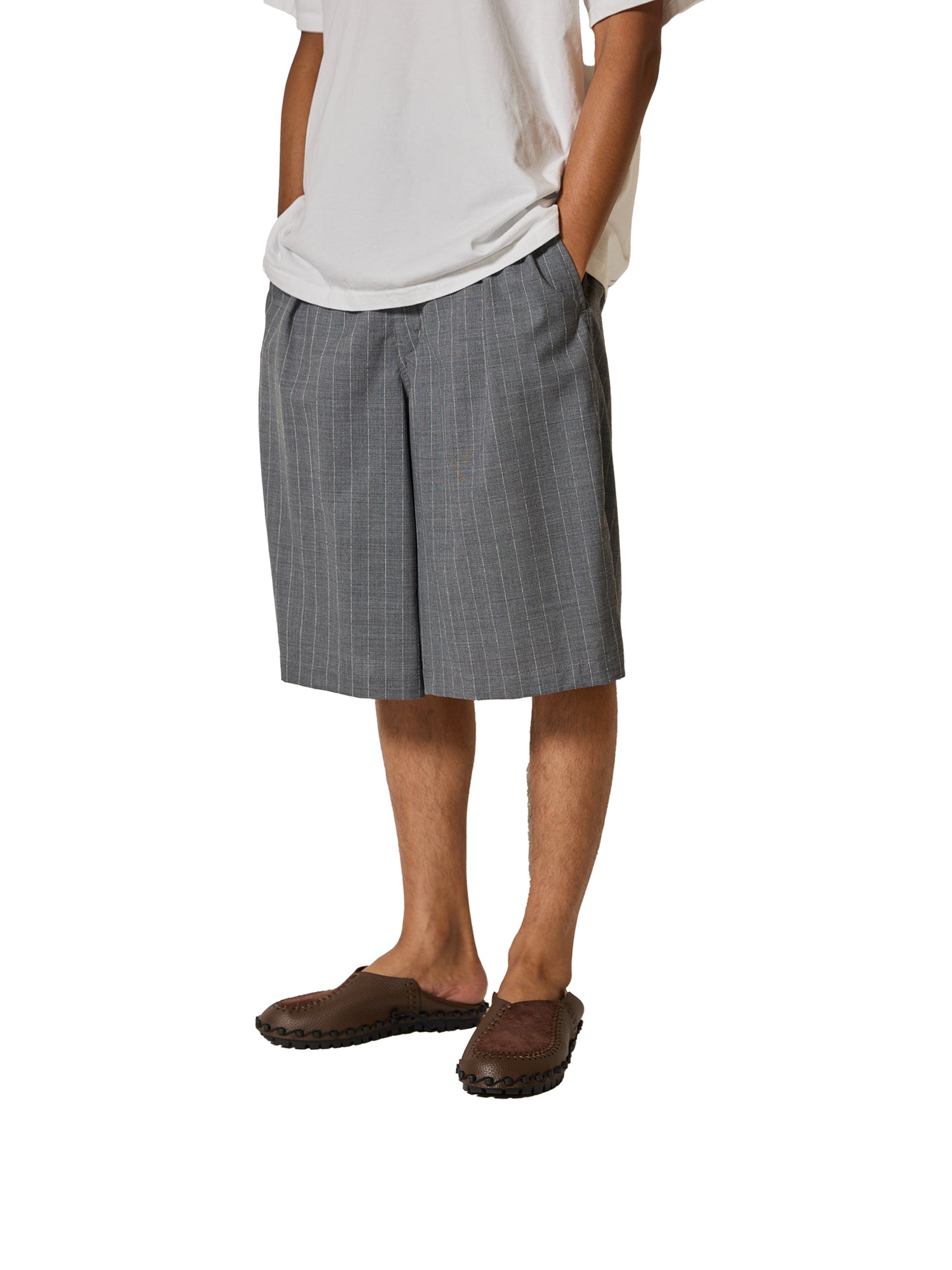 RESEARCHED 3/4 EASY SLACKS / WOOL SATIN CHALK STRIPE