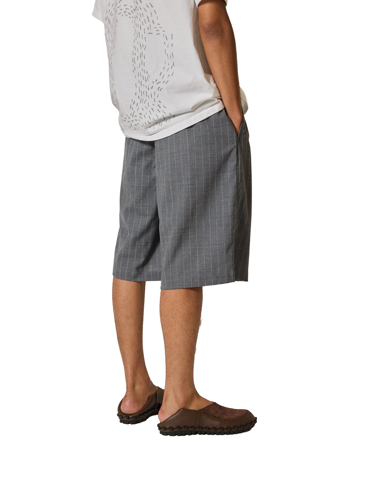 RESEARCHED 3/4 EASY SLACKS / WOOL SATIN CHALK STRIPE