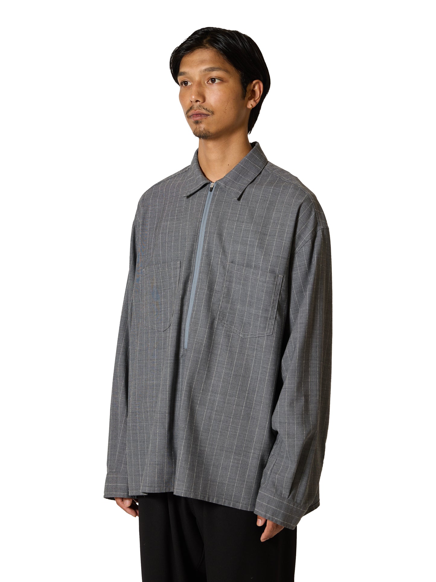 RESEARCHED HALF ZIP SHIRTS / WOOL SATIN CHALK STRIPE