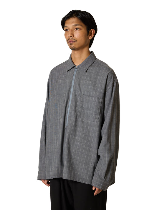 RESEARCHED HALF ZIP SHIRTS / WOOL SATIN CHALK STRIPE