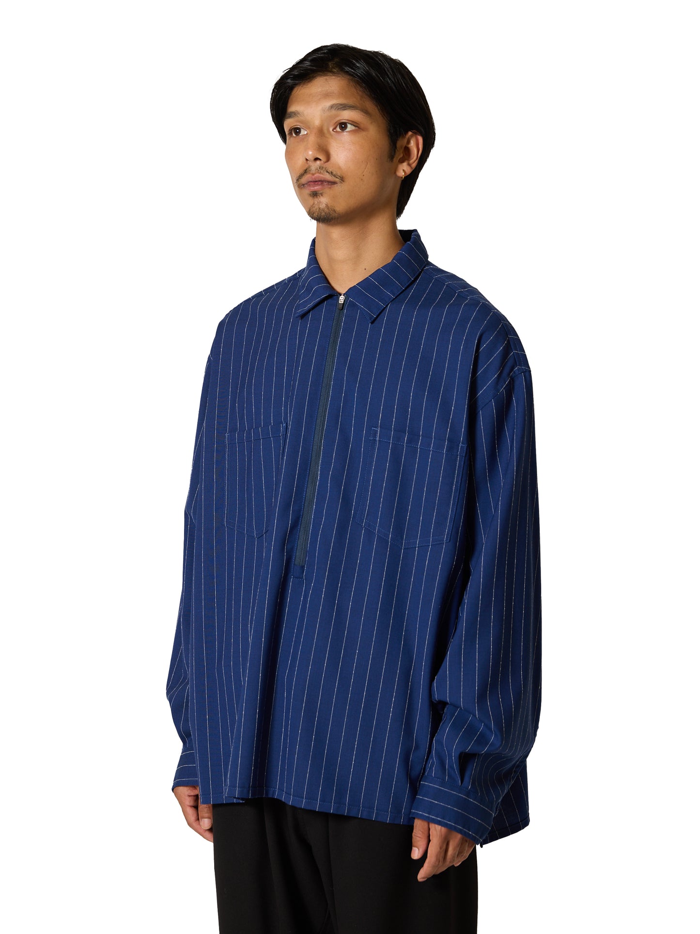 RESEARCHED HALF ZIP SHIRTS / WOOL SATIN CHALK STRIPE