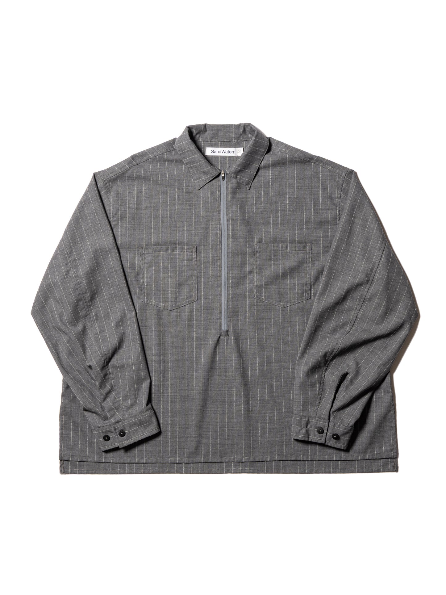 RESEARCHED HALF ZIP SHIRTS / WOOL SATIN CHALK STRIPE