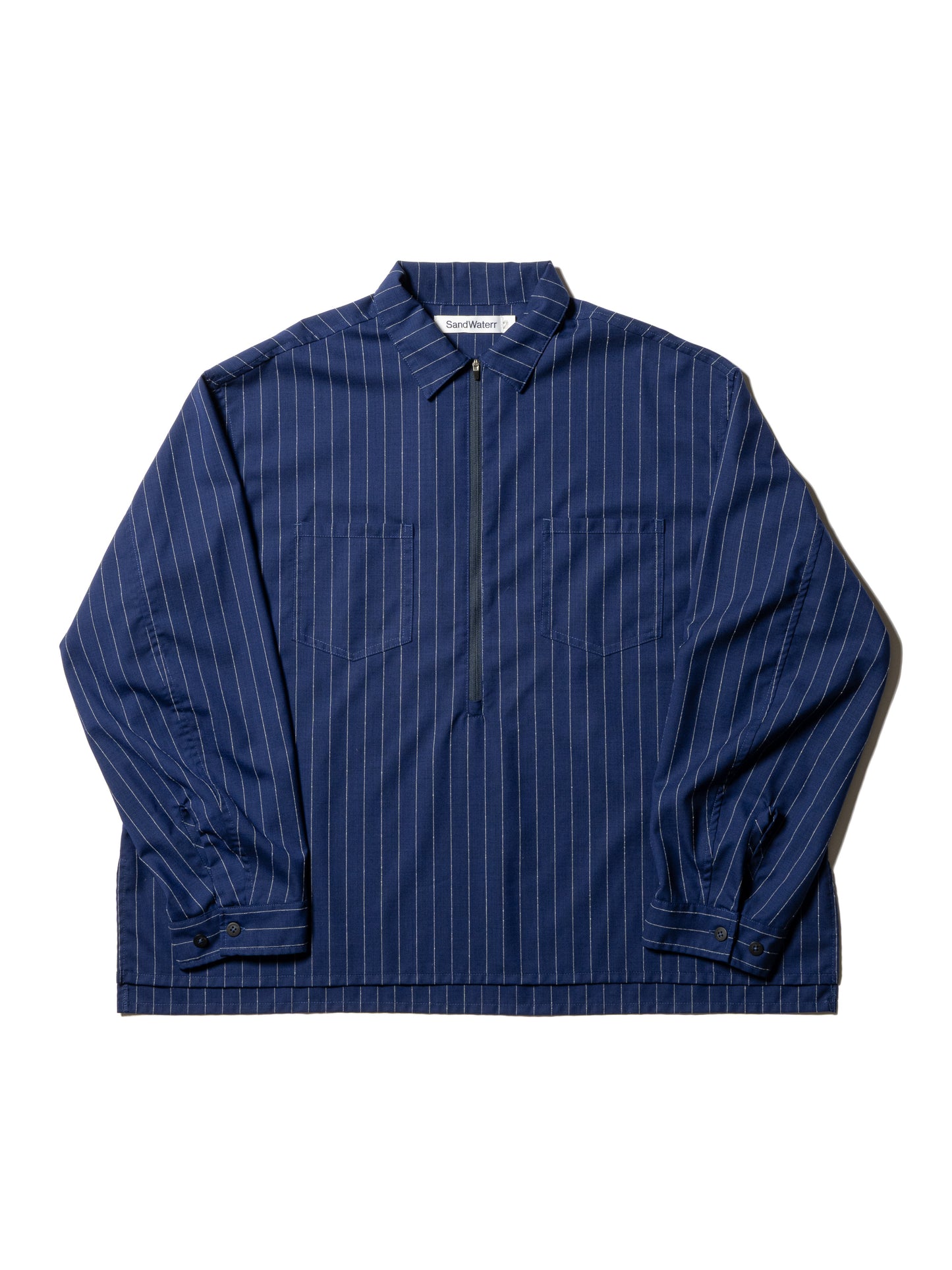 RESEARCHED HALF ZIP SHIRTS / WOOL SATIN CHALK STRIPE