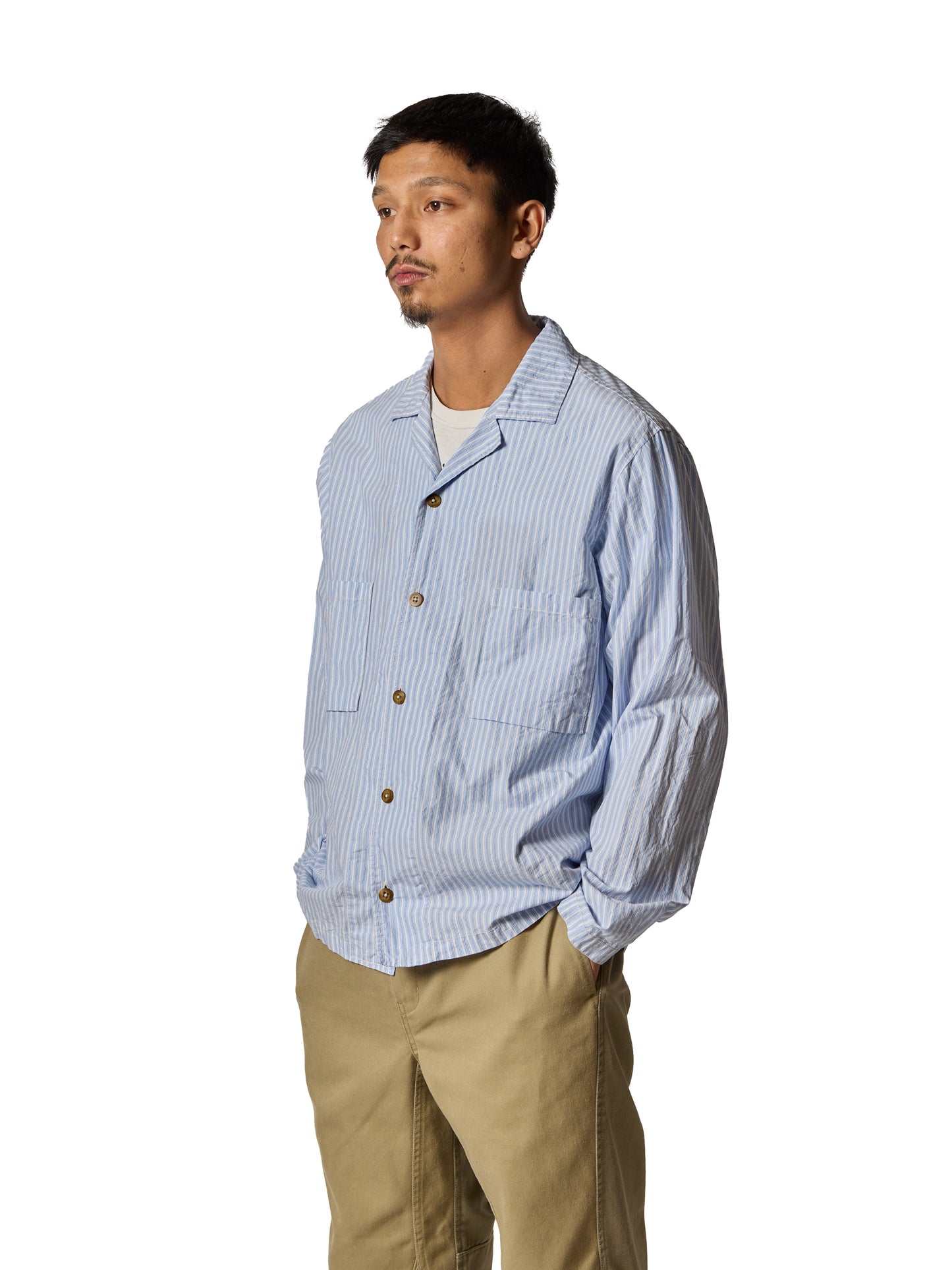 RESEARCHED OPEN COLLER SHIRT / COTTON BROAD STRIPE